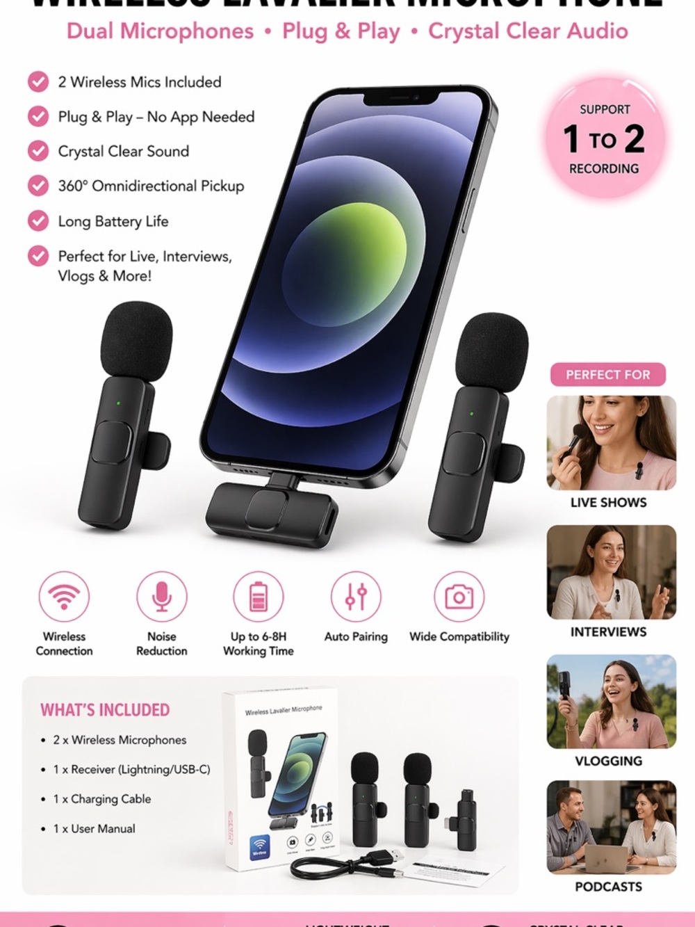 Wireless Lavalier Microphone Twin Pack - Black